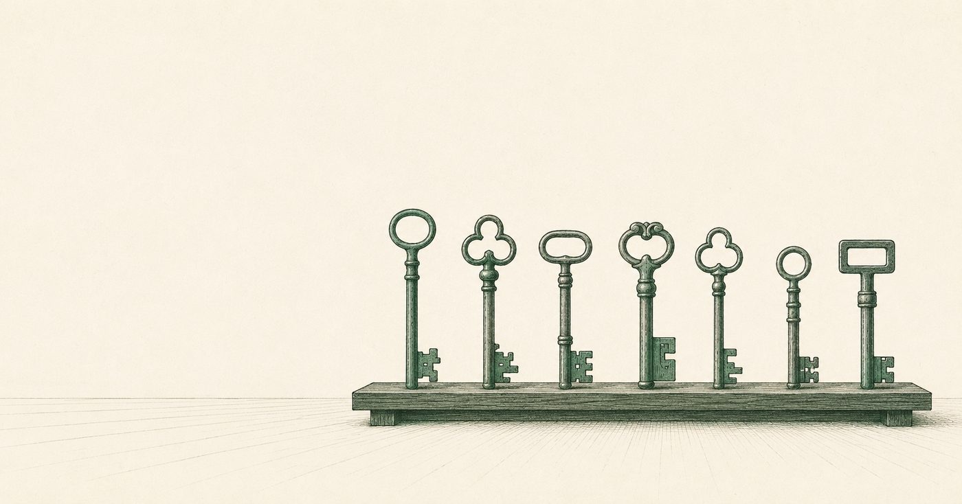 Antique keys on a minimal shelf