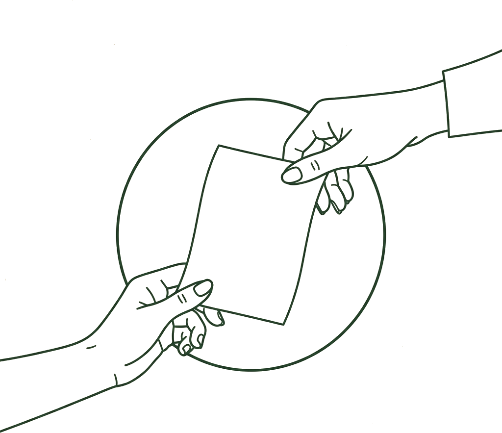 Two hands holding an agreement scroll with a circle of light showing connection