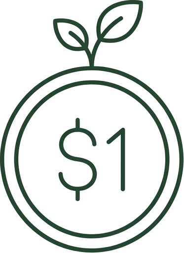 A scale balancing a one dollar token and a green leaf representing alignment of price and ethics